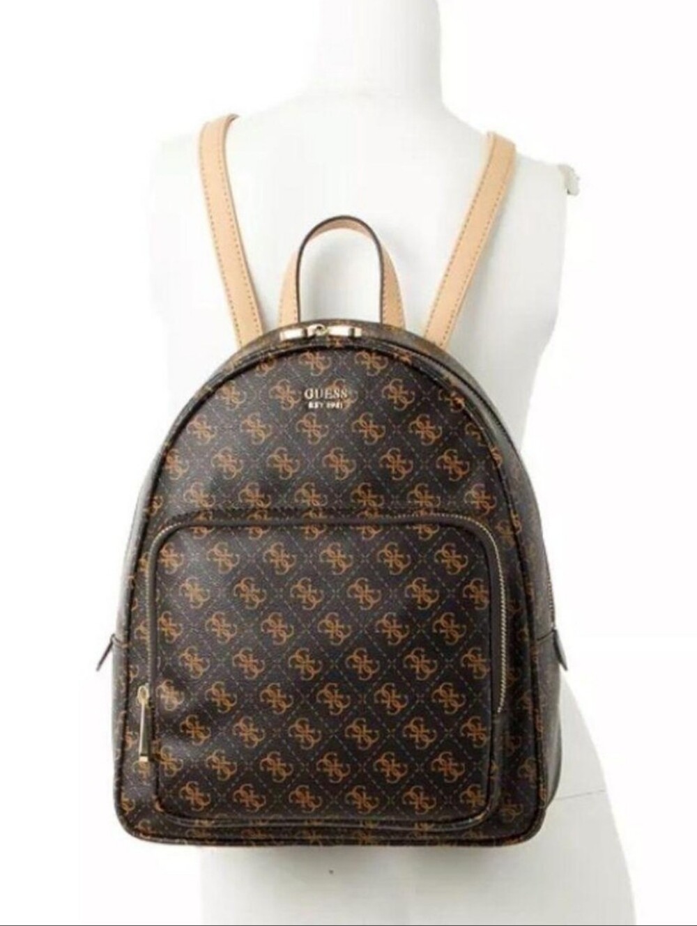 GUESS Leeza Monogram Backpack- Brown With Gold Quattro G Logo